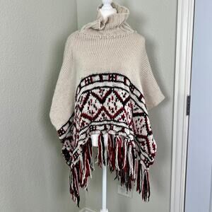 Marc New York Andrew Marc Knit Poncho Cape Cream  Fringe One Size Fits Most